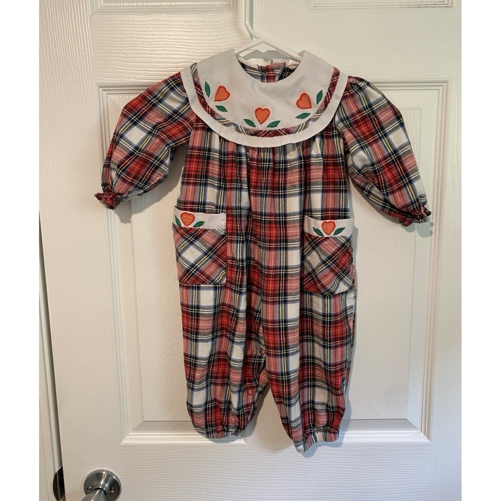 Vintage 90s Baby Togs Plaid, Long Sleeve, Heart Embroidered Collar Romper 18M